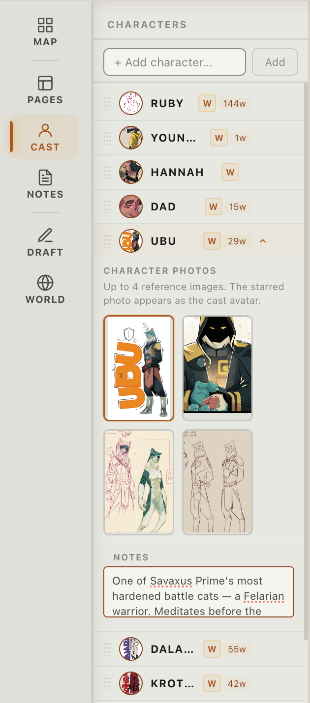 Panelogue Cast panel with character list, word counts, and reference photos
